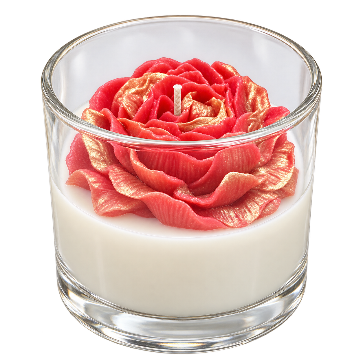 Concept candle with a coral and gold rose sculpted entirely from wax in a clear glass vessel